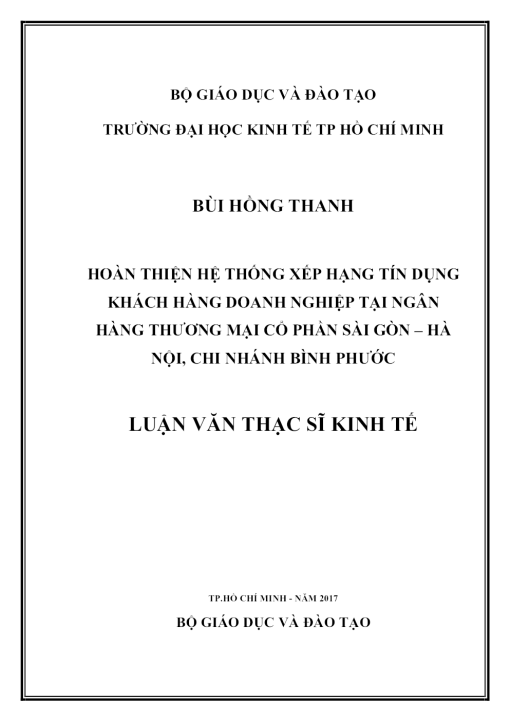 Hoàn Thiện Hệ Thống Xếp Hạng Tín Dụng Khách Hàng Doanh Nghiệp Tại Ngân Hàng Thương Mại Cổ Phần Sài Gòn – Hà Nội, Chi Nhánh Bình Phước