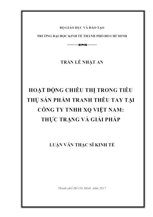 Hoạt Động Chiêu Thị Trong Tiêu Thụ Sản Phẩm Tranh Thêu Tay Tại Công Ty Tnhh Xq Việt Nam: Thực Trạng Và Giải Pháp