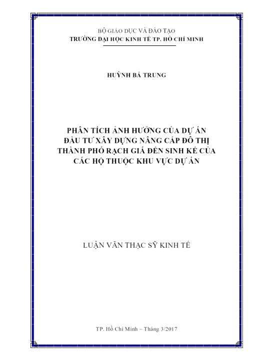 Phân Tích Ảnh Hưởng Của Dự Án Đầu Tư Xây Dựng Nâng Cấp Đô Thị Thành Phố Rạch Giá Đến Sinh Kế Của Các Hộ Thuộc Khu Vực Dự Án
