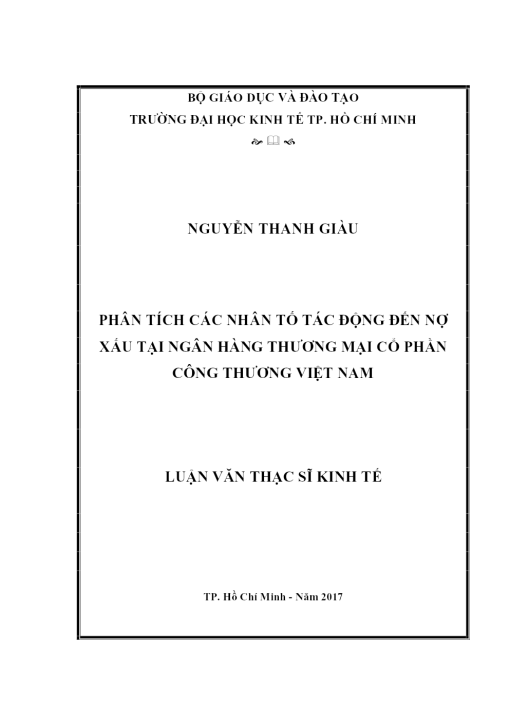 Phân Tích Các Nhân Tố Tác Động Đến Nợ Xấu Tại Ngân Hàng Tmcp Công Thương Việt Nam
