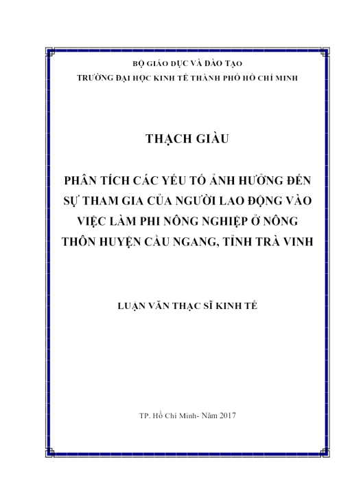 Phân Tích Các Yếu Tố Ảnh Hưởng Đến Sự Tham Gia Của Người Lao Động Vào Việc Làm Phi Nông Nghiệp Ở Nông Thôn Huyện Cầu Ngang, Tỉnh Trà Vinh