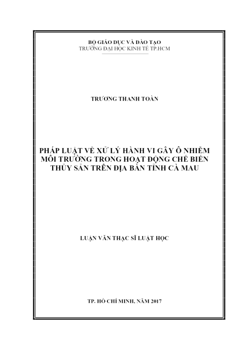 Pháp Luật Về Xử Lý Hành Vi Gây Ô Nhiễm Môi Trường Trong Hoạt Động Chế Biến Thủy Sản Trên Địa Bàn Tỉnh Cà Mau