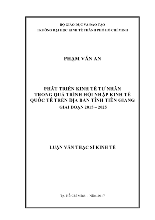 Phát Triển Kinh Tế Tư Nhân Trong Quá Trình Hội Nhập Kinh Tế Quốc Tế Trên Địa Bàn Tỉnh Tiền Giang Giai Đoạn 2015-2025