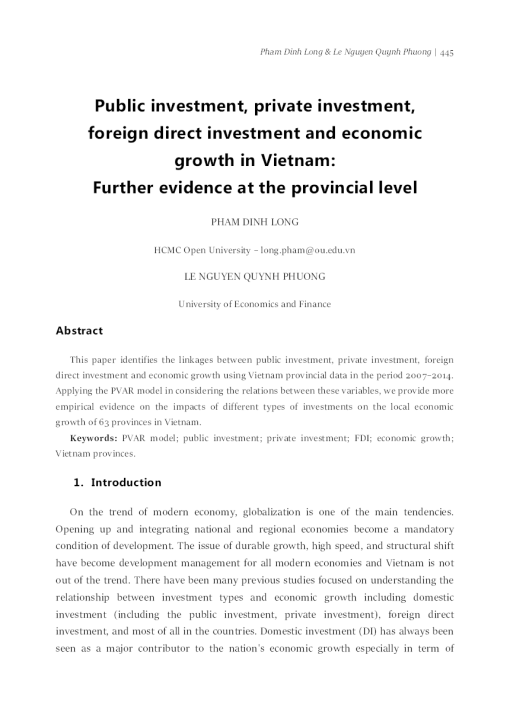 Public Investment, Private Investment, Foreign Direct Investment And Economic Growth In Vietnam: Further Evidence At The Provincial Level