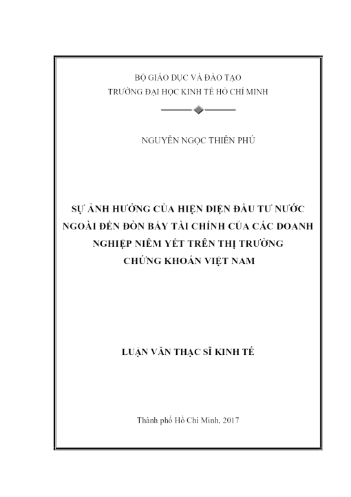 Sự Ảnh Hưởng Của Hiện Diện Đầu Tư Nước Ngoài Đến Đòn Bẩy Tài Chính Của Các Doanh Nghiệp Niêm Yết Trên Thị Trường Chứng Khoán Việt Nam