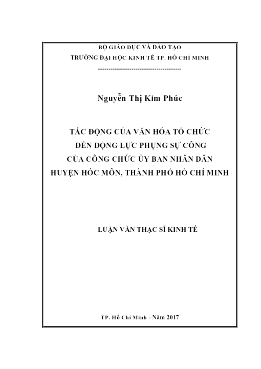 Tác Động Của Văn Hóa Tổ Chức Đến Động Lực Phụng Sự Công Của Công Chức Ủy Ban Nhân Dân Huyện Hóc Môn, Thành Phố Hồ Chí Minh