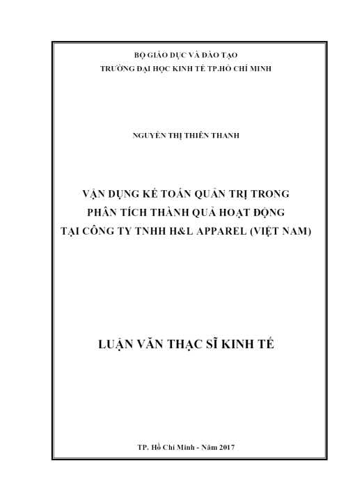 Vận Dụng Kế Toán Quản Trị Trong Phân Tích Thành Quả Hoạt Động Tại Công Ty Tnhh H&l Apparel (Việt Nam)