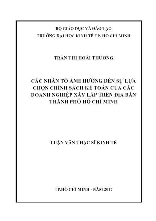 Các Nhân Tố Ảnh Hưởng Đến Sự Lựa Chọn Chính Sách Kế Toán Của Các Doanh Nghiệp Xây Lắp Trên Địa Bàn Thành Phố Hồ Chí Minh
