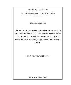 Các Nhân Tố Ảnh Hưởng Đến Tính Hữu Hiệu Của Quy Trình Chấp Nhận Khách Hàng Trong Kiểm Toán Báo Cáo Tài Chính – Nghiên Cứu Tại Các Công Ty Kiểm Toán Độc Lập Nhỏ Và Vừa Ở Việt Nam