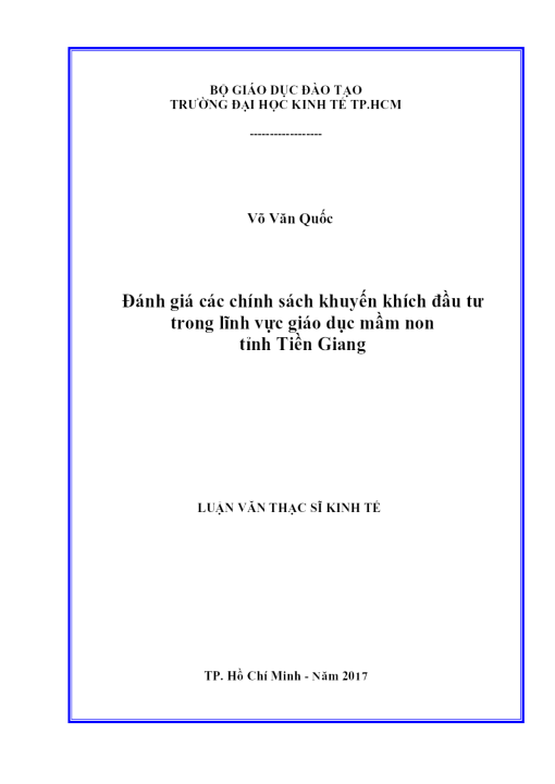 Đánh Giá Các Chính Sách Khuyến Khích Đầu Tư Trong Lĩnh Vực Giáo Dục Mầm Non Tỉnh Tiền Giang