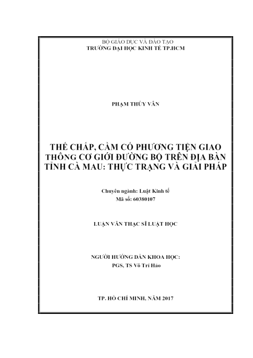 Thế Chấp, Cầm Cố Phương Tiện Giao Thông Cơ Giới Đường Bộ Trên Địa Bàn Tỉnh Cà Mau: Thực Trạng Và Giải Pháp