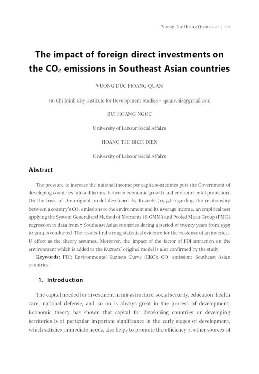 The Impact Of Foreign Direct Investments On The CO2 Emissions In Southeast Asian Countries