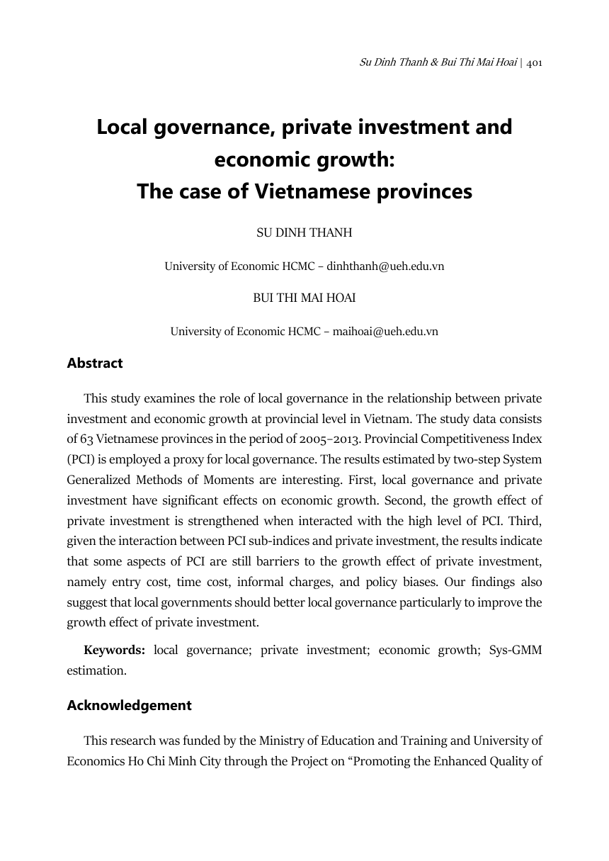 Local Governance, Private Investment And Economic Growth: The Case Of Vietnamese Provinces