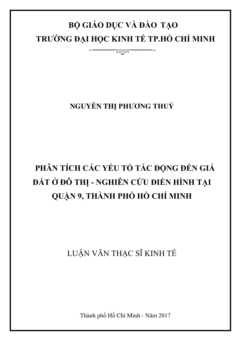 Phân Tích Các Yếu Tố Tác Động Đến Giá Đất Ở Đô Thị - Nghiên Cứu Điển Hình Tại Quận 9, Thành Phố Hồ Chí Minh