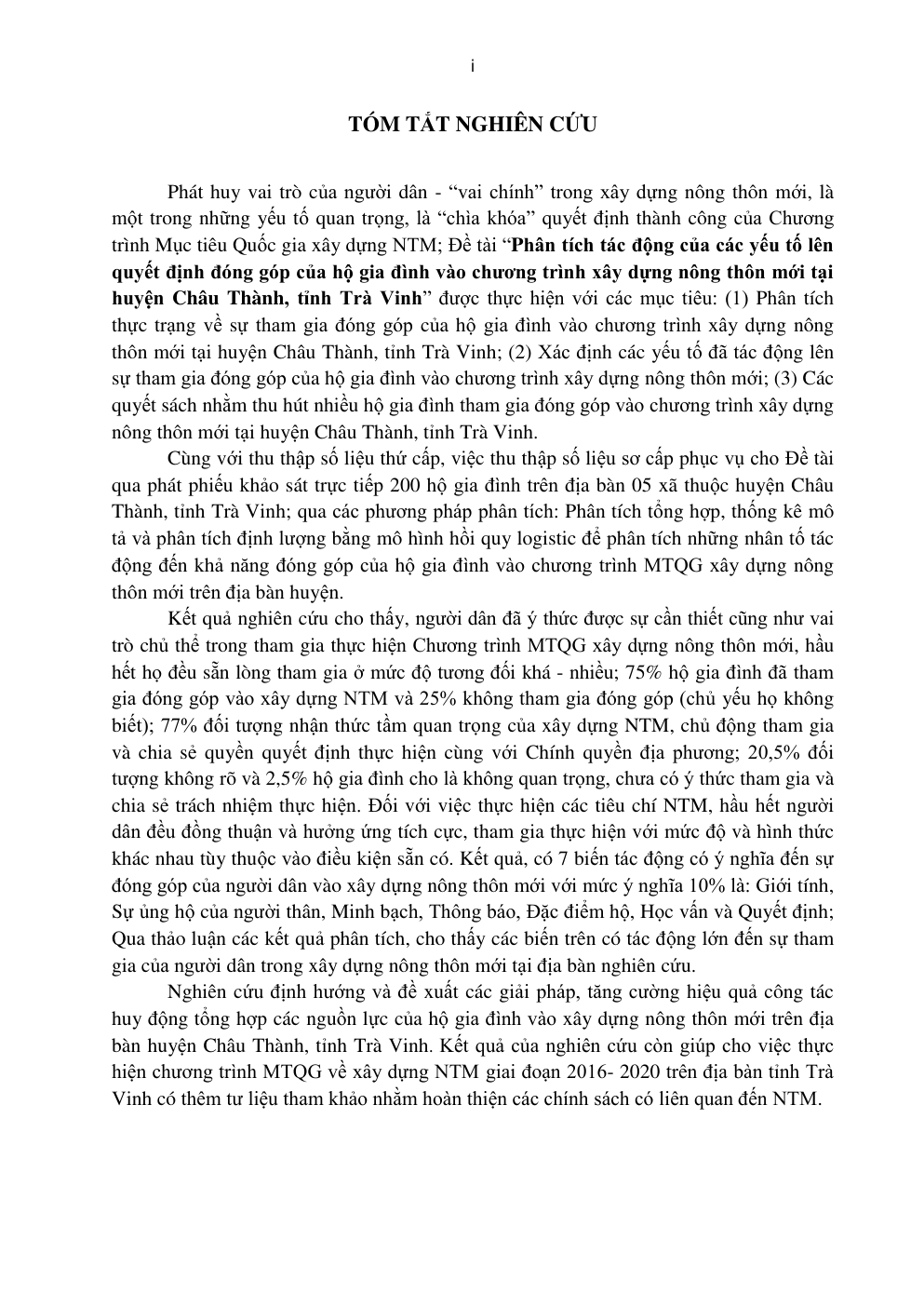 Phân Tích Tác Động Của Các Yếu Tố Lên Quyết Định Đóng Góp Của Hộ Gia Đình Vào Chương Trình Xây Dựng Nông Thôn Mới Tại Huyện Châu Thành, Tỉnh Trà Vinh